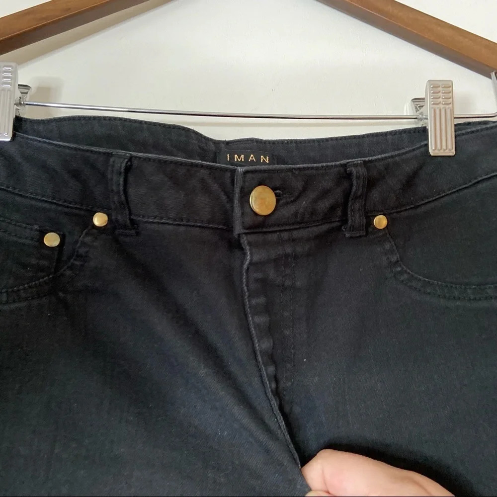 Black Denim IMAN Jeans Pull On Slimming No Zip Size Womens Medium Short Jeans - Picture 4 of 10